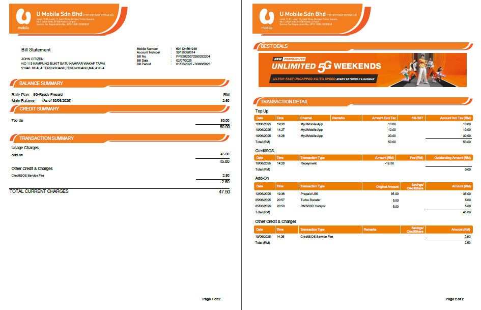 Malaysia U Mobile utility bill template in Word and PDF formats, 2 pages, version 2